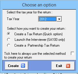First select the tax year, note that it is possible to create returns for previous and next tax years in addition to the current tax year.