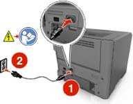 Connect the power cord to the printer, then to a properly grounded electrical outlet, and then turn on the