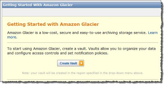 Step 2: Create a Vault Step 2: Create a Vault in Amazon Glacier A vault is a container for storing archives.your first step is to create a vault in one of the supported AWS regions.