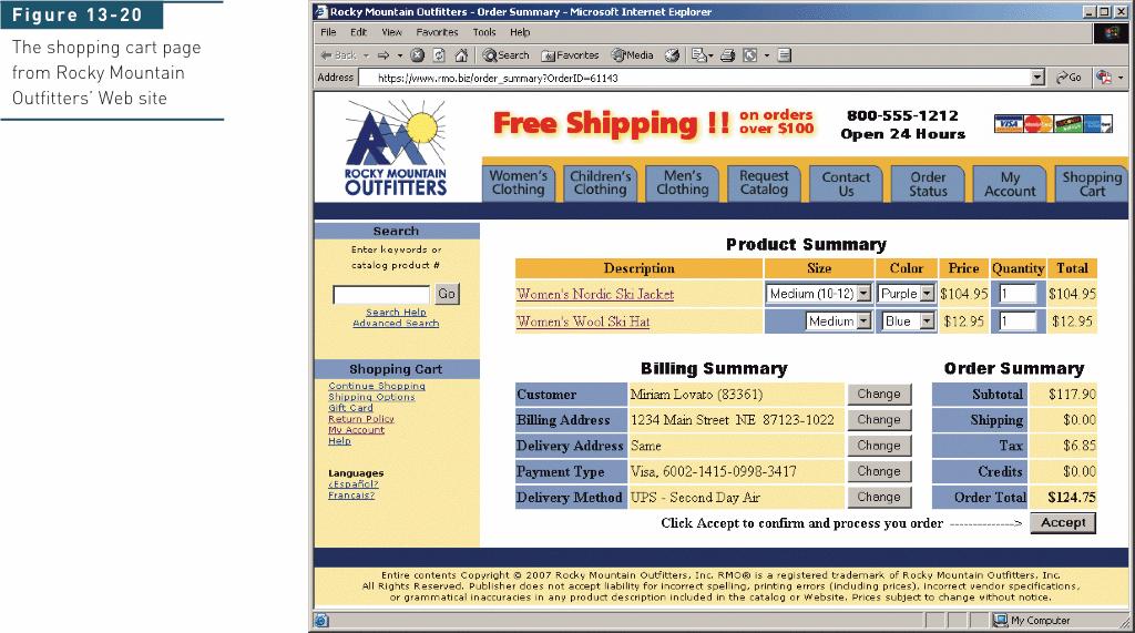 Shopping Cart Page from RMO Web Site Systems
