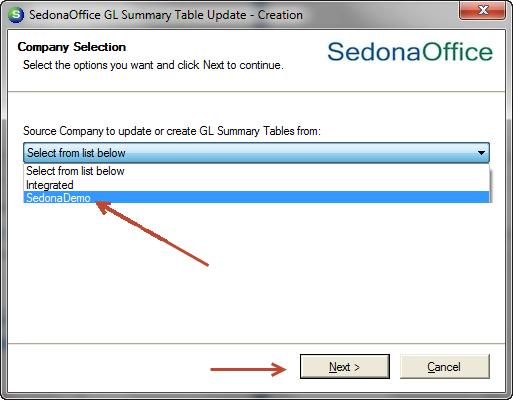 Choose the SedonaOffice database to update then press Next.