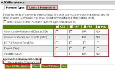 ACH (Automated Clearing House) Permissions Payment Types: If a company, Application combination displays an N/A, then that ACH Company is not set up for the particular application.