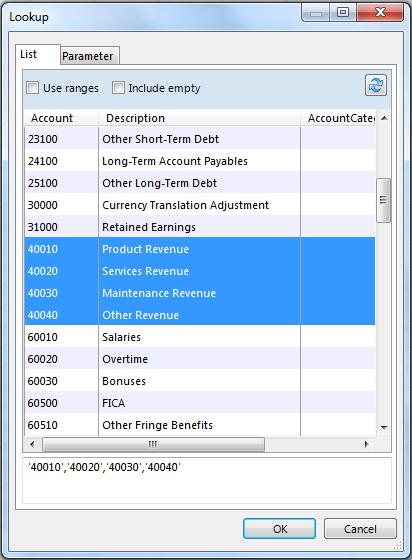 o Include empty: If this box is checked, the filter will include data associated with the NULL data set. To create a dynamic filter, select the Parameter Tab in the Lookup window.