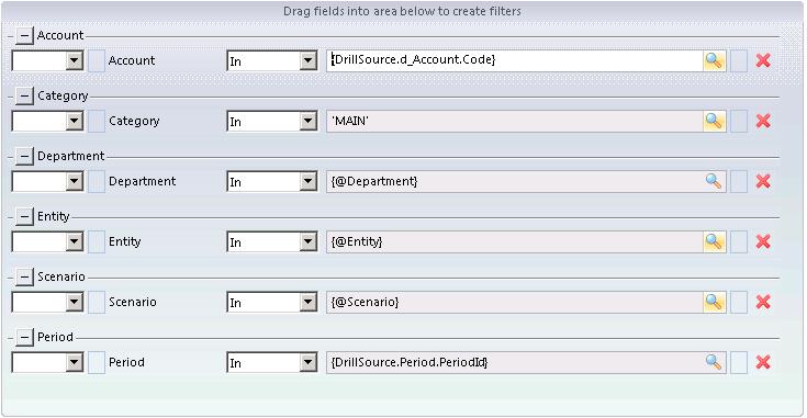 For this particular example, the Account and Period filters reference the drill source account and periods.