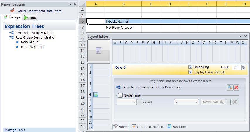 A group is created on the row Expanding flag: If the expanding flag is checked for the particular expand type, the row will create an expanding group when the report is generated.