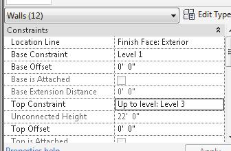 Revit Basics 13. In the Properties pane: Set the Top Constrain to up to Level 3.