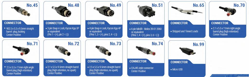 SL Power has the capability to incorporate any non-standard output connector. All output connectors are limited by wattage range and application type.