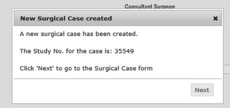 prompt the user to click on next to complete the surgical case form.