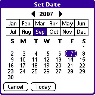 Tap the pick list in the upper-right corner and choose Date & Time. 3. In the Date & Time screen, tap the Set Date field. The Set Date screen appears. 4.