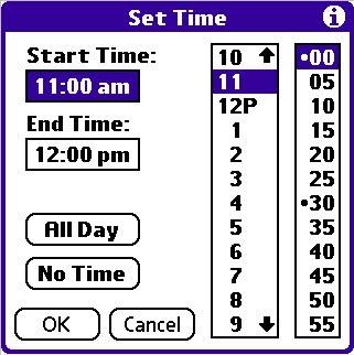 BASIC APPLICATIONS > SCHEDULING EVENTS Tap the time to display the Set Time dialog box. 4. Set the duration for the event: If the event is one hour long, skip to the end of this procedure.
