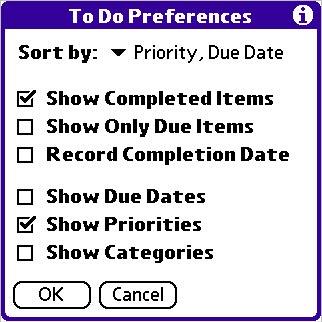 BASIC APPLICATIONS > CHANGING PRIORITIES AND DUE DATES Displaying Completed and Due Items You can have the To Do List display completed items and their completion dates, as well as due items and