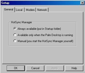 HOTSYNC > SELECTING HOTSYNC SETUP OPTIONS Selecting HotSync Setup Options You can choose when you want HotSync Manager to run.