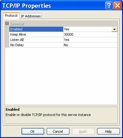 4. Right-click the TCP/IP protocol and select properties 5. Select the Protocol tab a. Under general, make sure enabled is set to yes 6. Select the IP Addresses Tab a. Set your IP address and ports i.