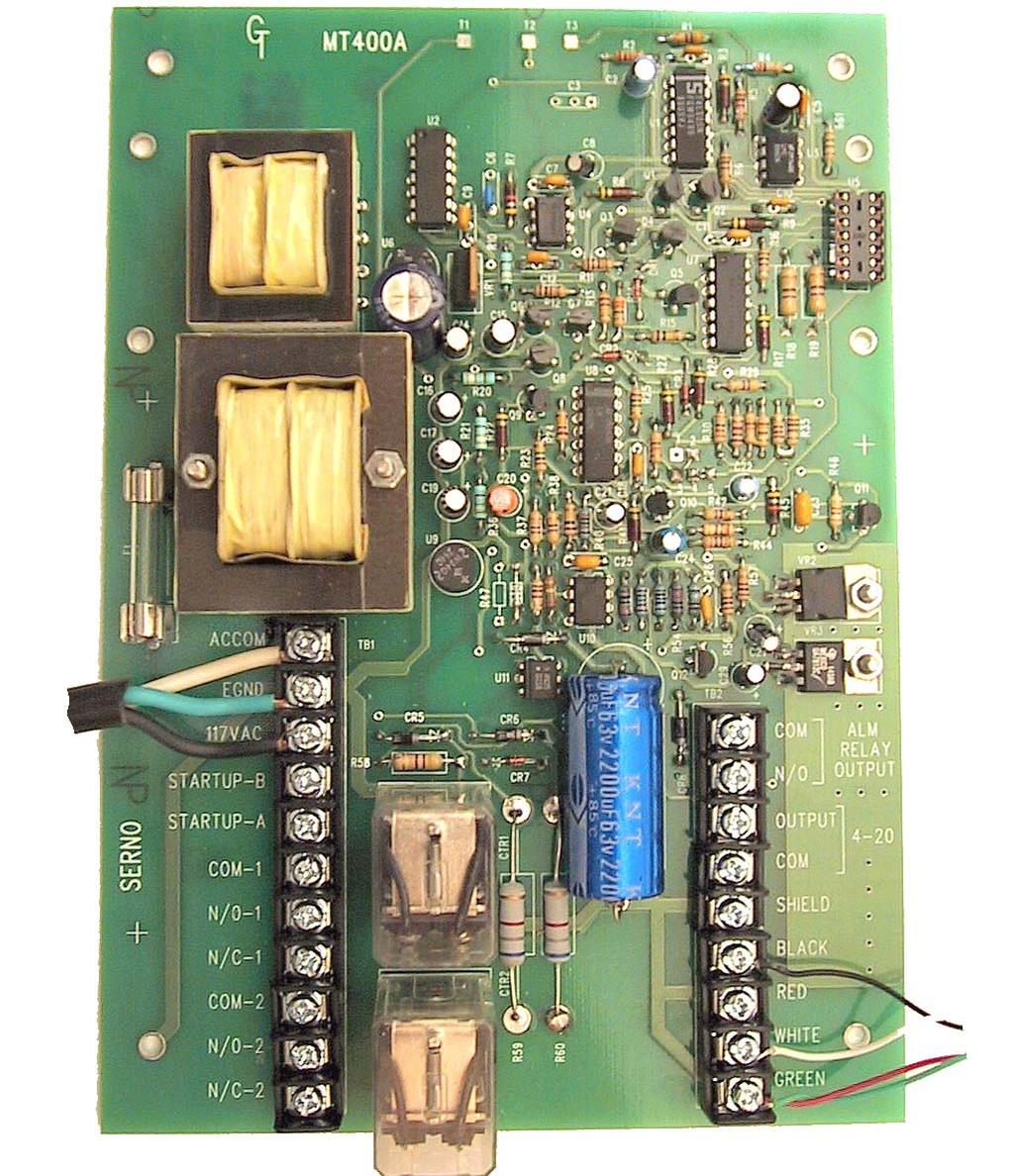 MT400A LAYOUT: RIBBON CABLE TO DISPLAY 1 AMP FUSE 117VAC* BOARD POWER EXTERNAL ALARM CONTACTS MOTOR STARTUP VOLTAGE OFFSET RELAY #1 (90%)