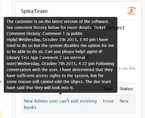 1.4. Reviewing SpiraTeam Incidents Linked to a Zendesk Ticket As soon as the incident has been successfully logged to SpiraTeam, the app in Zendesk will return to the screen showing lists of