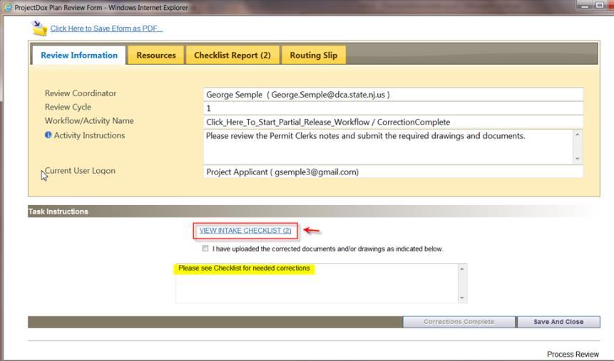 The eform is displayed. Read the information in the text field. Click on the View Intake Checklist link.