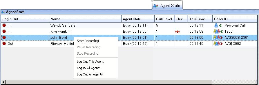 1. On the Agent State tab, right-click the agent name to open a menu. 2. Choose Start Recording.