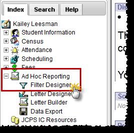 Ad Hoc Reporting > Filter Designer Query Wizard Filters The Query Wizard allows you to create a filter by selecting specific data fields.