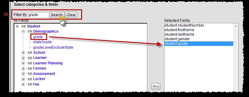 d) To search for a particular field, enter part of the name of the field in the Filter By section and click the