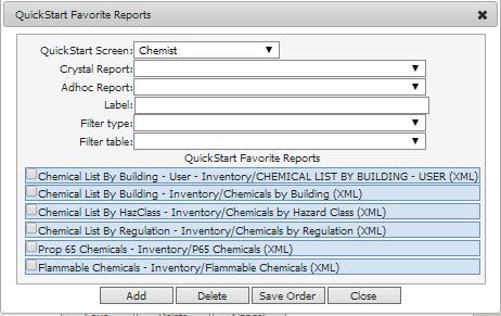 Begin by selecting the QuickStart Screen for which favorite reports are to be added. In the example below, we have added Favorite Reports for the Chemist QuickStart screen.