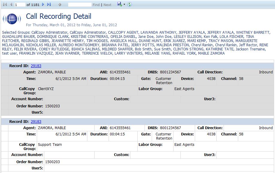 Call Reporting This report displays the call metadata for your selected agent(s) over a period of time.