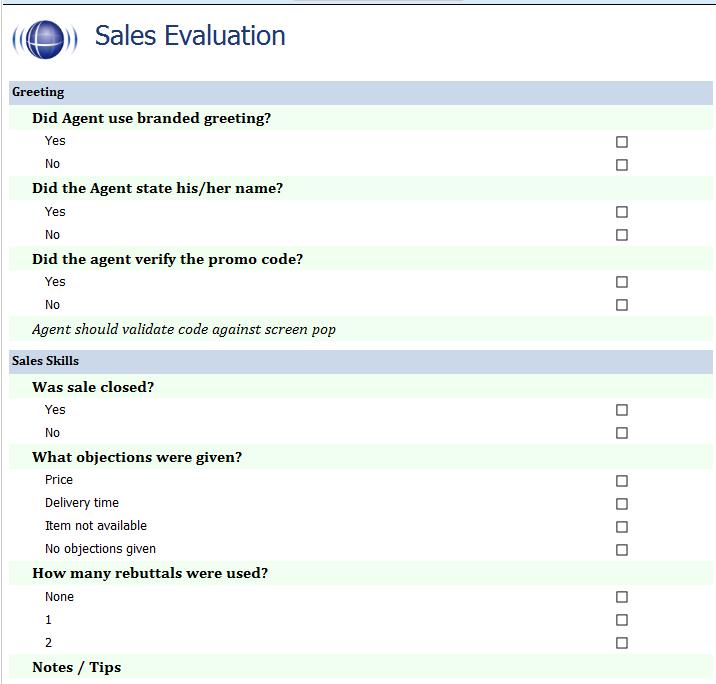 QA Reporting This report displays a blank version of a specific Quality Assurance form in the Discover system.