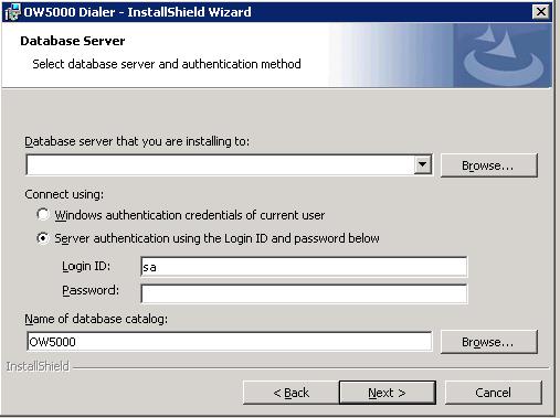 2-4 Installing Dialer Figure 2-3 Database Server dialog box Step 5 Step 6 Step 7 Step 8 Select the database server where the installation will occur using the Database server that you are installing