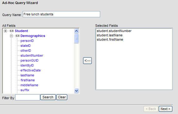 Clicking on a field name will input the field in the Selected Fields box. To remove a field from the Selected Fields box, click on a field name, then click on the left arrow.