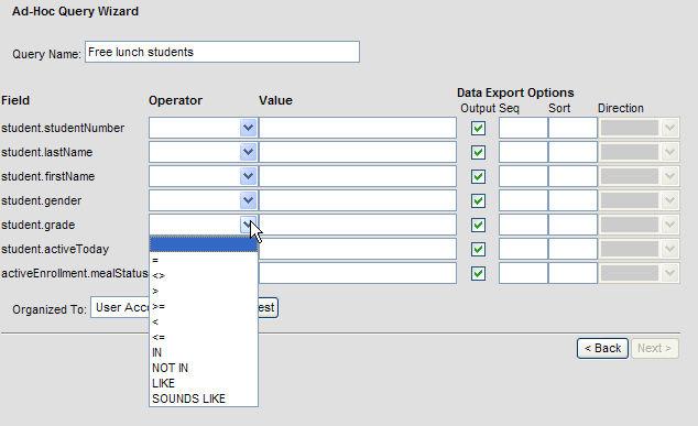 11. To filter using a field, click on the dropdown button to choose the operator. Enter the filter data in the Value field. The system will only display the operator allowed in each field (i.e., the student.
