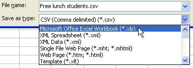 e. In the Save as type: box, click on the dropdown button and choose an Excel type.. f. Click on <Save>.