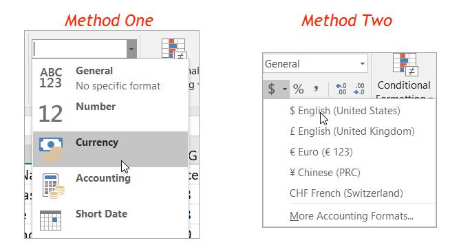 Currency If you have a spreadsheet for your budget, price list, or invoicing, then you can apply the currency format easily in two different ways. Method One 1.