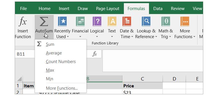If you just click the AutoSum button, it will automatically insert the sum function. But if you click the arrow for the button, you will see the other common formulas you can use mentioned above.