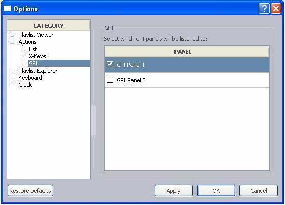 GPI Controlled To enable a GPI panel to control a playlist: 1. At the Command Workstation, select Tools > Options. 2. In Category, expand Actions and select GPI. n 3. Select a GPI panel from the list.
