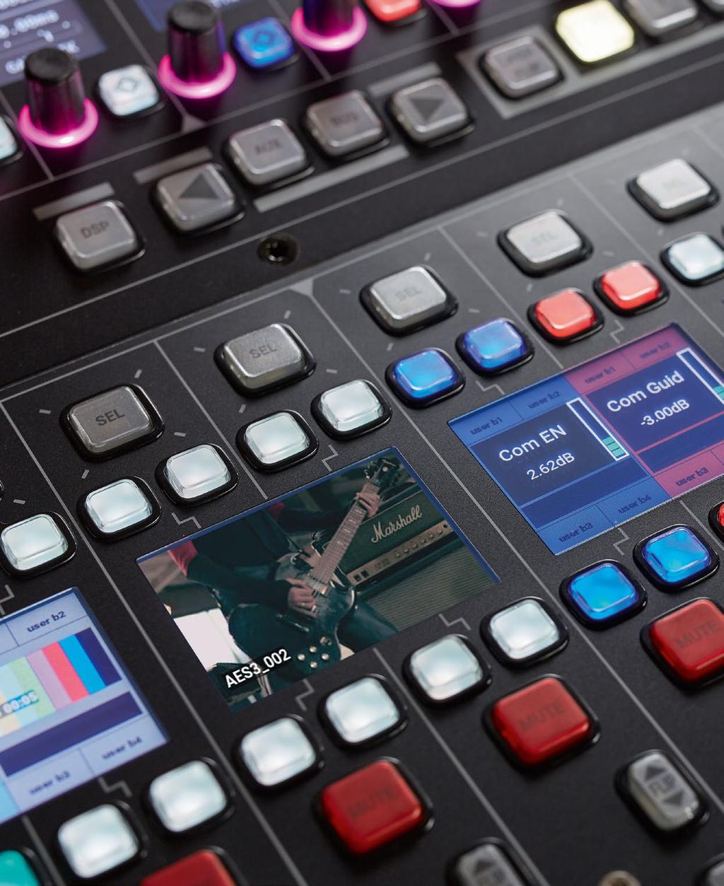 HIGHLIGHTS FADER BAYS COLOR CODING INPUT METERING CUSTOMIZABLE FADER USER BUTTONS LIVEVIEW VIDEO LABELS In addition to standard channel labeling via channel numbers, individual text labels and static