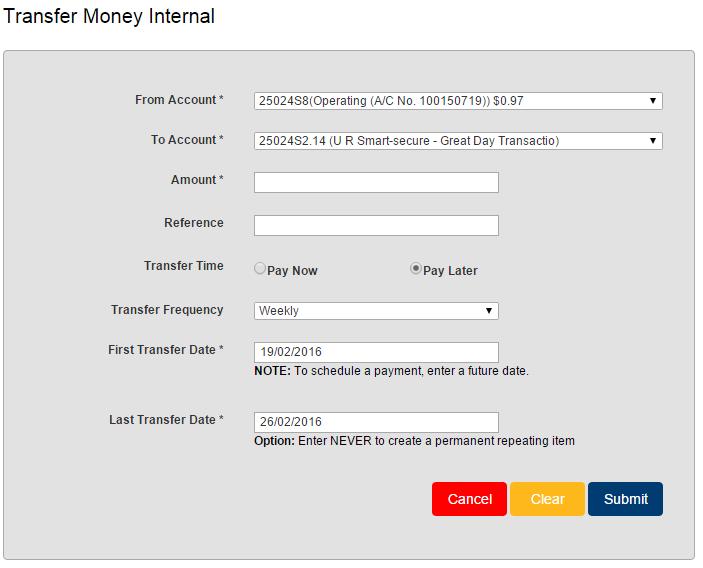 9.2 Funds Transfer Internal Future Dated and/or Recurring 1. Access via the Transfers menu or Quicklinks. 2.