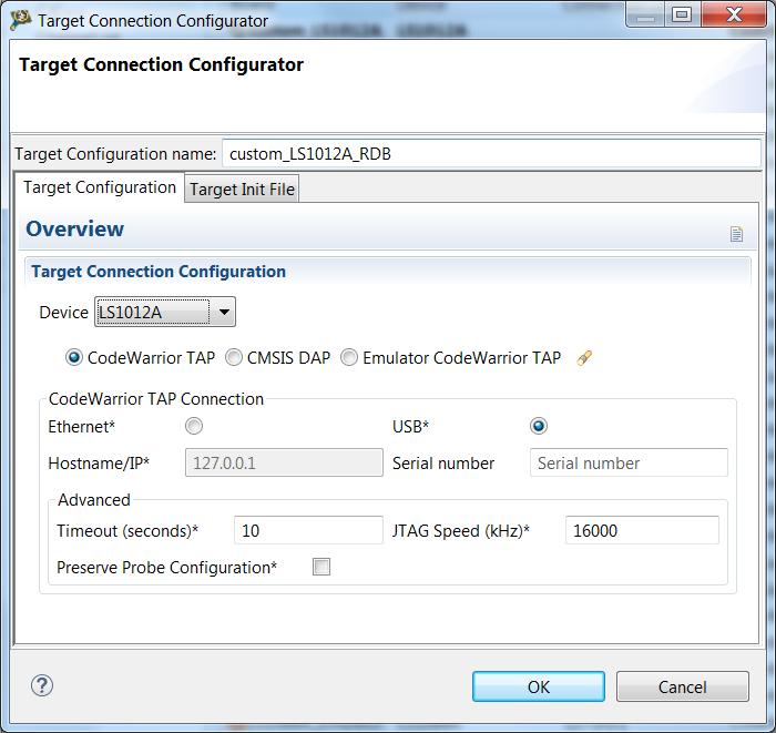 Installing CodeWarrior Software and Creating, Building, and Debugging a Bareboard Project Working with bareboard application g. Click OK. Figure 4. The Target Connection Configurator dialog closes. h.