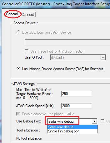 Setup Connection: DAS with miniwiggler Connection hardware setup: DAS with miniwiggler Target configuration: DAS Select Serial wire debug If target is configured as DAS, only miniwiggler can be used