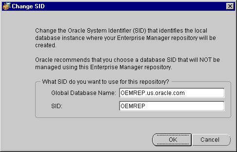 Configuring a Local Management Server To Use a New Release 9i Repository Figure 3 8 Change Database SID Oracle recommends that you choose a database SID that will not be managed using this Enterprise