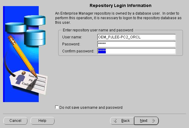 Configuring a Local Management Server To Use a New Release 9i Repository Figure 3 10 Repository Login Information User name: By default, the Enterprise Manager Configuration Assistant uses