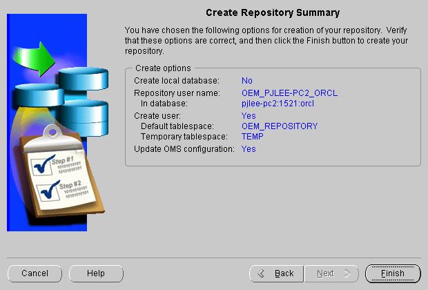 Configuring a Local Management Server To Use a New Release 9i Repository Figure 3 13 Create Repository Summary Click Finish to initiate repository creation or click Back to return to previous pages