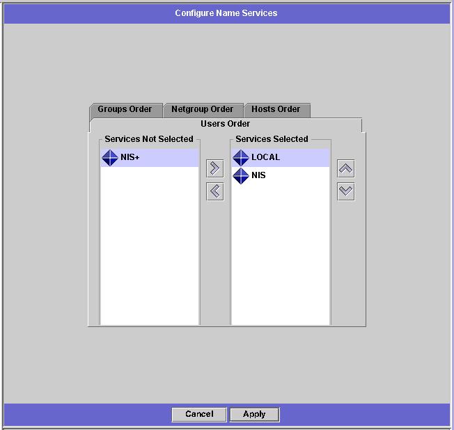 To set the order for user, group, netgroup, and host lookup: 1. In the navigation panel, select UNIX Configuration > Configuring Name Services. FIGURE 7-7 The Configure Name Services Panel 2.