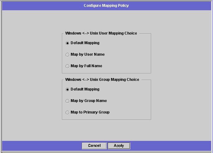 To define the mapping policy: 1. In the navigation panel, select Windows Configuration > Manage SMB/CIFS Mapping > Configure Mapping Policy. FIGURE 8-7 The Configure Mapping Policy Panel 2.