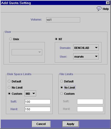 4. To add a quota for a user or group, click Add. FIGURE 9-6 The Add Quota Setting Dialog Box 5.
