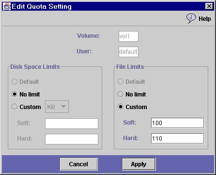 4. Select the user or group for whom you are editing a quota, and click Edit. FIGURE 9-8 The Edit Quota Setting Dialog Box 5. Edit the disk space limits for the selected user or group.