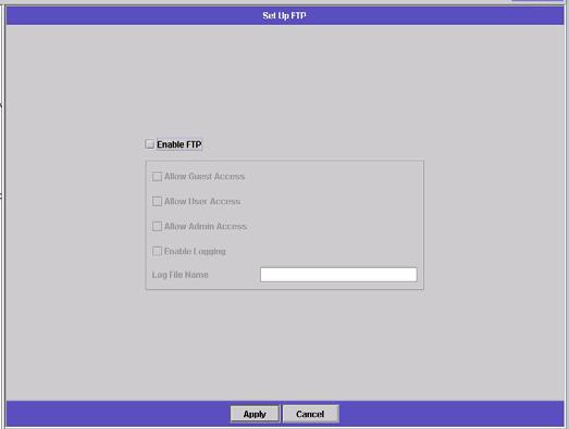 To set up FTP users: 1. In the navigation panel, select UNIX Configuration > Set Up FTP. FIGURE 12-2 The Set Up FTP Panel 2. Check the Enable FTP checkbox. 3.
