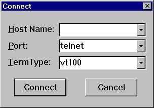 3. In the Run window, enter Telnet and click OK. FIGURE A-1 The Telnet Screen 4. From the Connect menu, select Remote System. FIGURE A-2 The Connect Dialog Box 5.