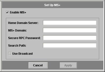 3. In the navigation panel, select UNIX Configuration > Set Up NIS+. FIGURE 2-15 The Set Up NIS+ Panel 4. Select the Enable NIS+ checkbox. 5.