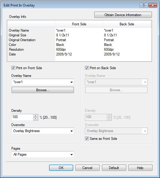 9.4 Parameter details 9 When [Print Device Image] is selected: You can specify the overlay printing conditions by specifying the overlay registered in the machine.