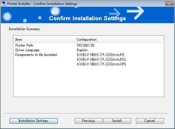 4.2 Easy installation procedure using the installer 4 6 Check the installation contents. % To change the contents, click [Installation Settings], and then continue with Step 7.