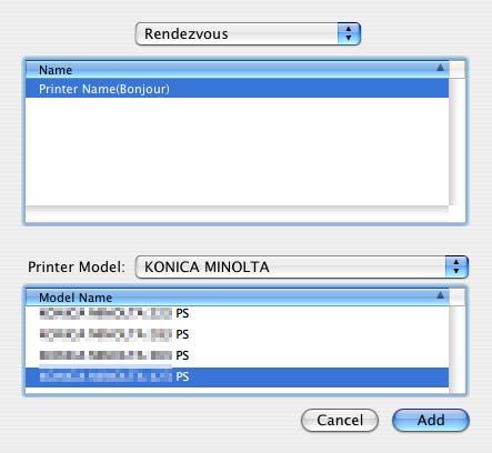 6.1 Mac OS X 10.2/10.3/10.4/10.5/10.6 6 5 Select the desired printer driver manually. % From [Printer Model], select [KONICA MINOLTA], and then select the desired model from the list of model names.